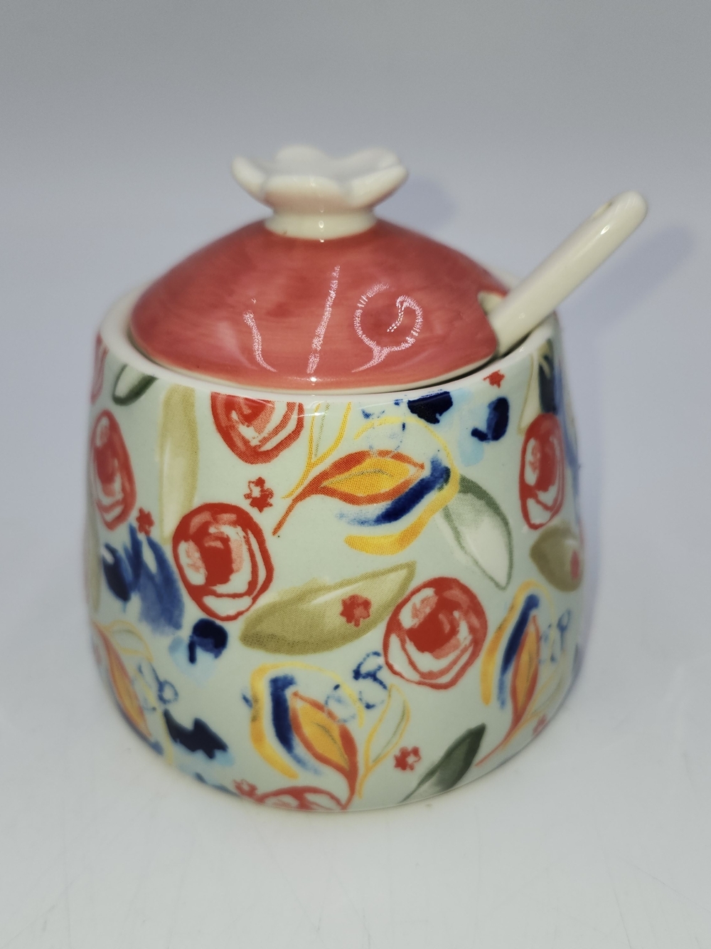 Anthropologie Floral Ceramic honey jam Sugar bowl With Lid